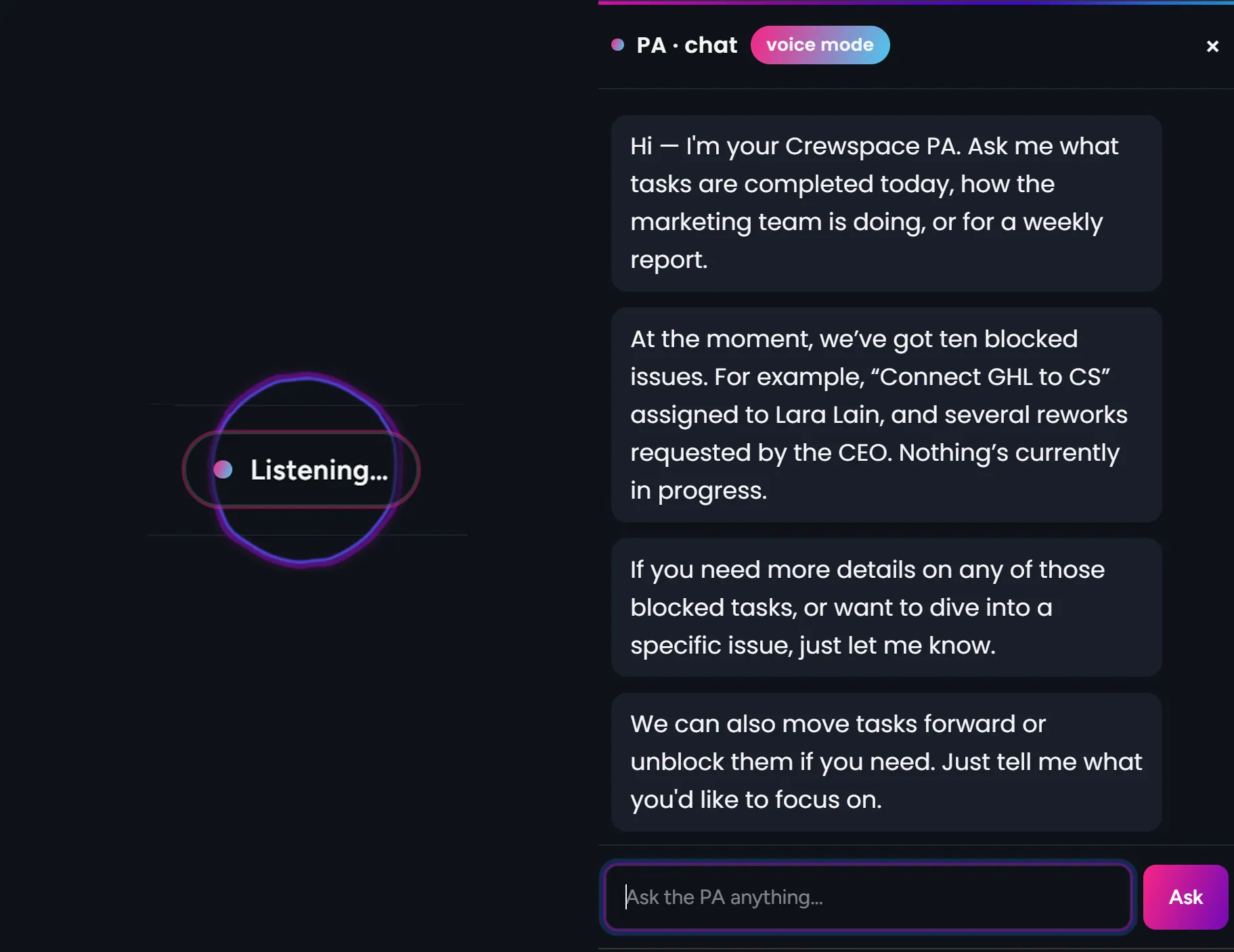 Aria personal-assistant chat answering what's blocked and confirming a task was delegated