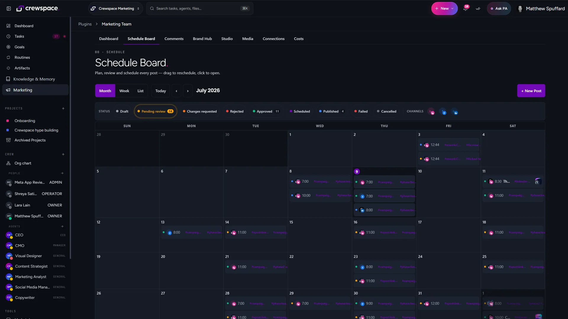 The marketing plugin's social calendar with scheduled posts across a month